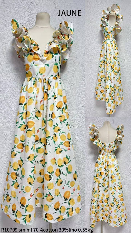 Midi-length dress. Cotton / linen