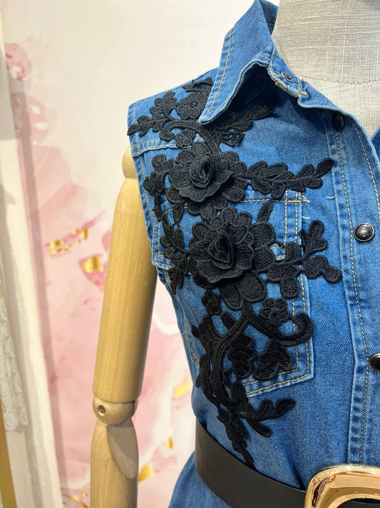 Denim dress with lace trim