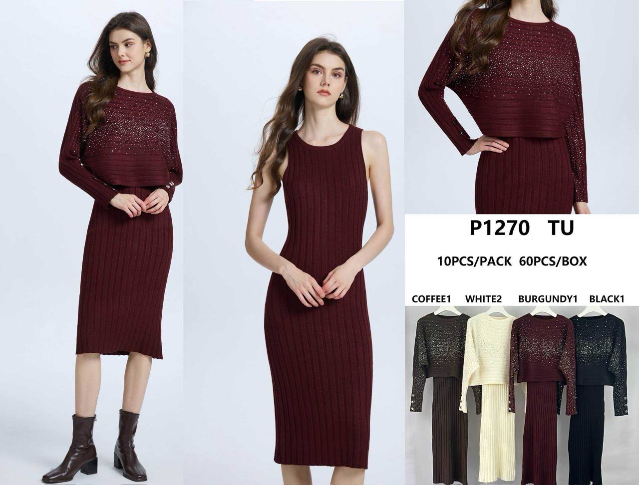 Elegant Two-Piece Set: Knitted Dress + Sweater with Thermal Rhinestones