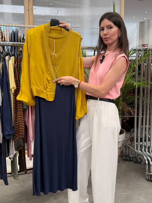 Knit cardigan and vest, and viscose silk skirt