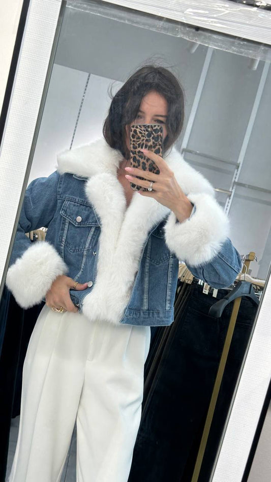 Denim jacket with fluffy fur