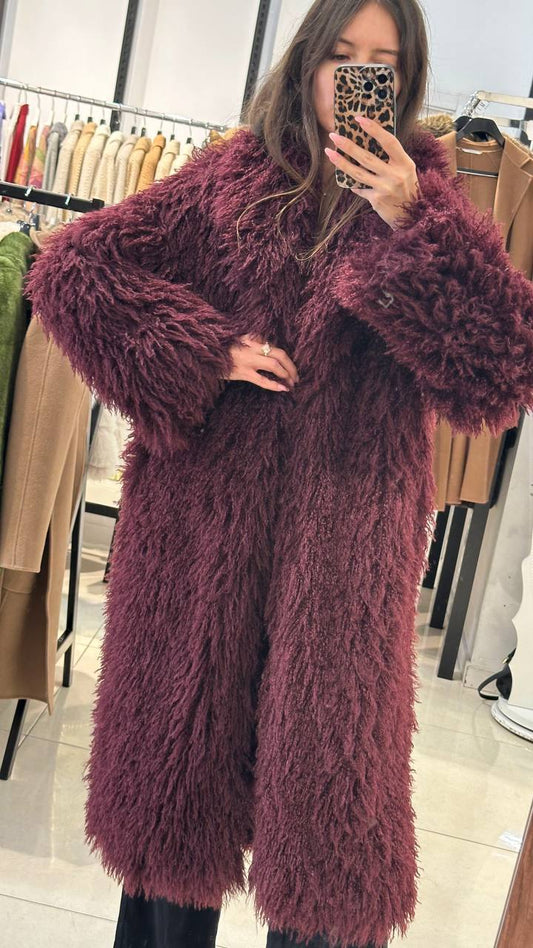 Striking llama coat in wine color.