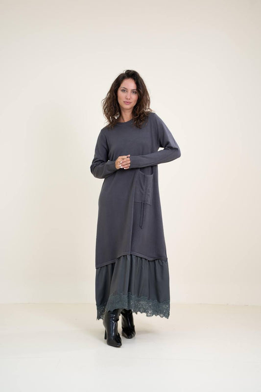 Loose-Fit Knitted Dress with Cuffed Sleeves and Lace Insert