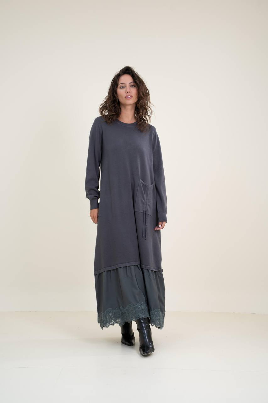 Loose-Fit Knitted Dress with Cuffed Sleeves and Lace Insert