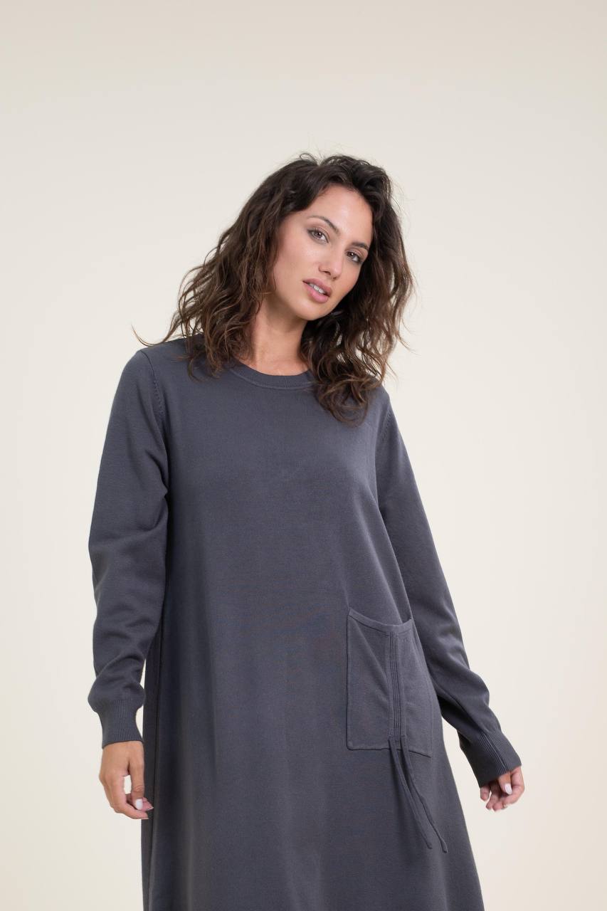 Loose-Fit Knitted Dress with Cuffed Sleeves and Lace Insert