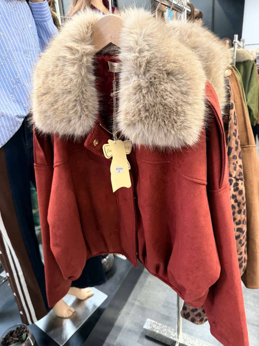 Eco-Suede Trendy Bomber with Fur Collar