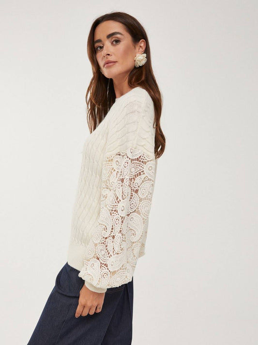 Classic Braid Texture Jumper with Embroidery on Sleeves