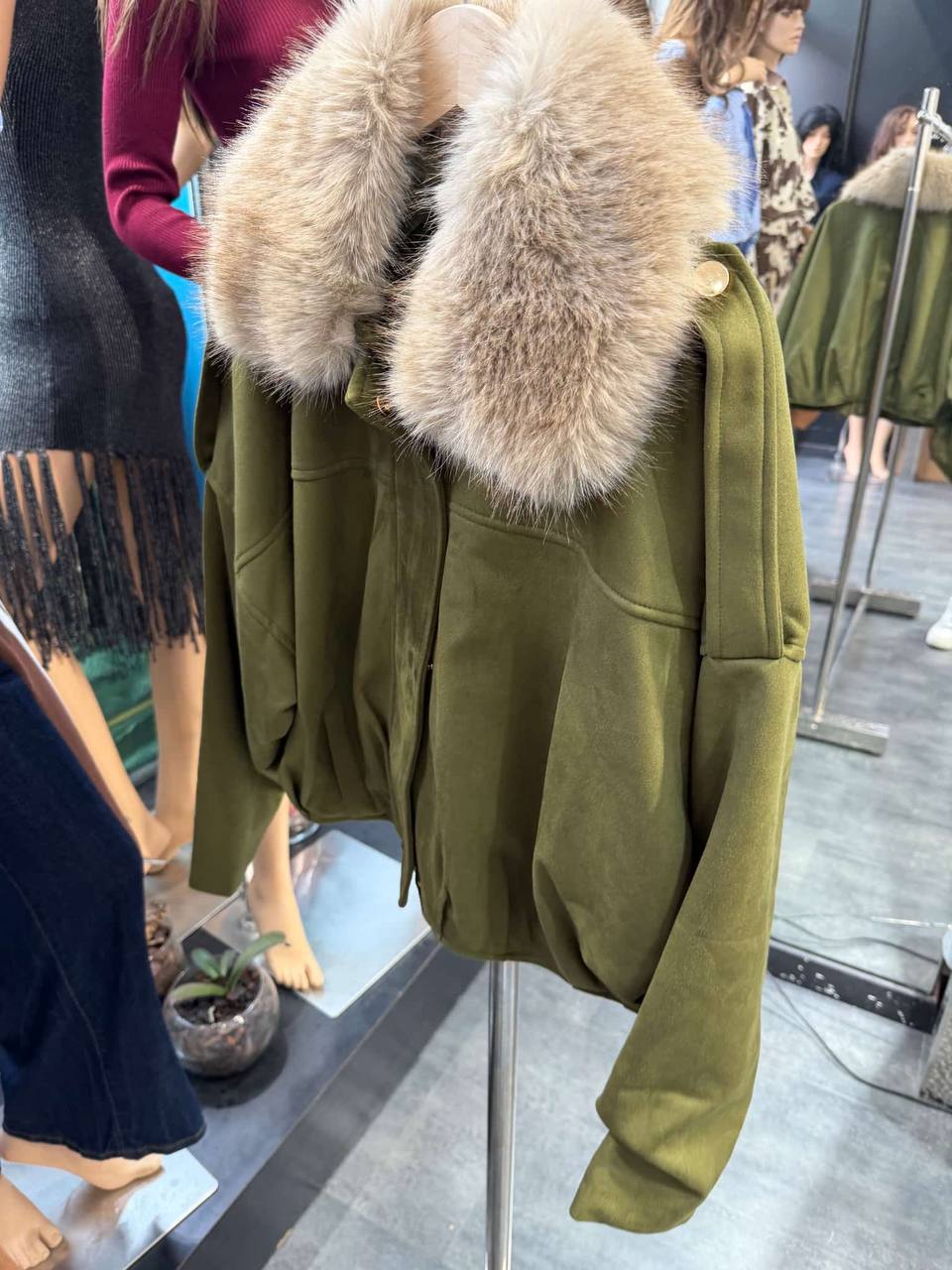 Eco-Suede Trendy Bomber with Fur Collar