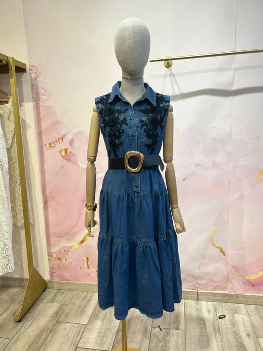 Denim dress with lace trim