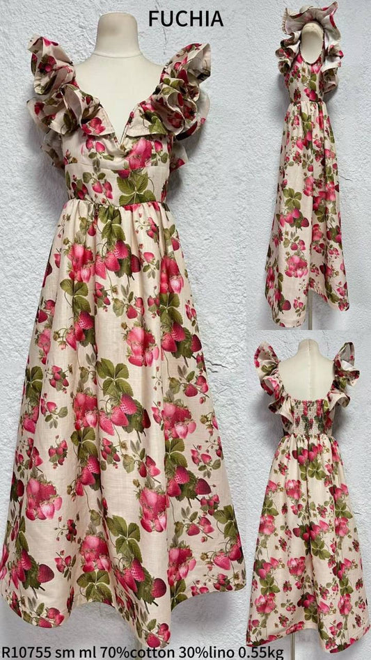 Midi-length dress. Cotton / linen