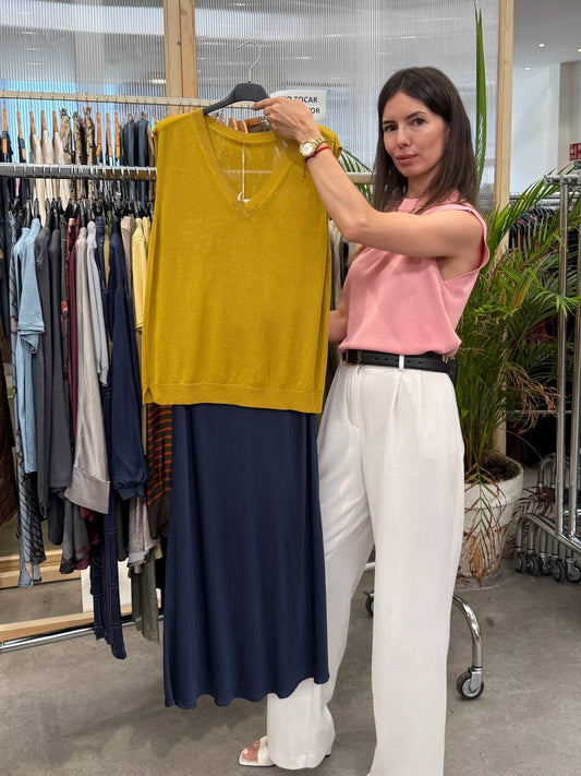 Knit cardigan and vest, and viscose silk skirt
