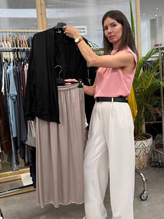 Silk bomber and midi skirt