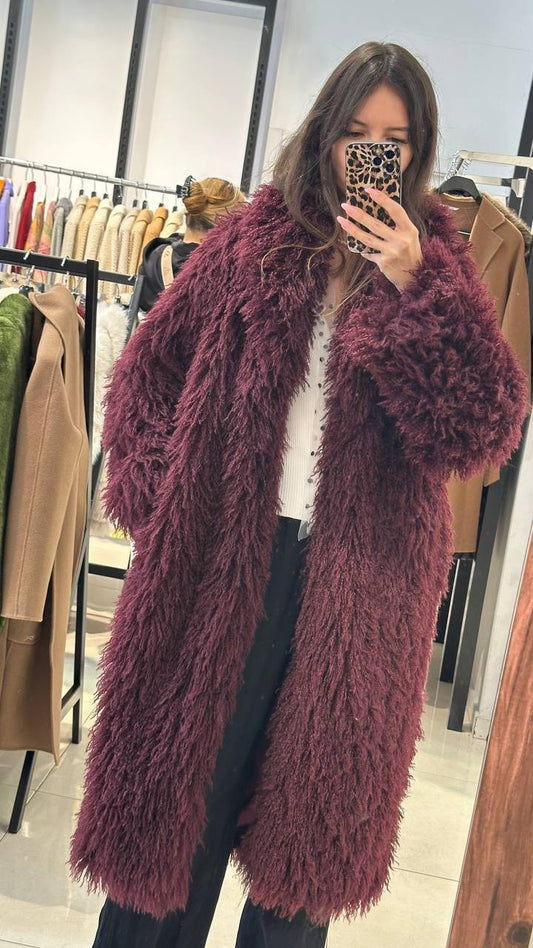 Striking llama coat in wine color.