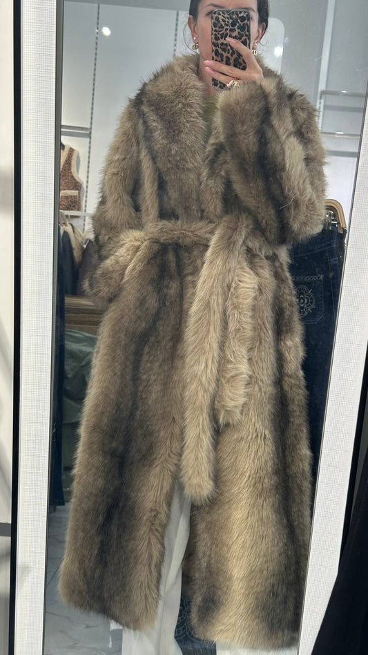 Long fur coat, perfect length.