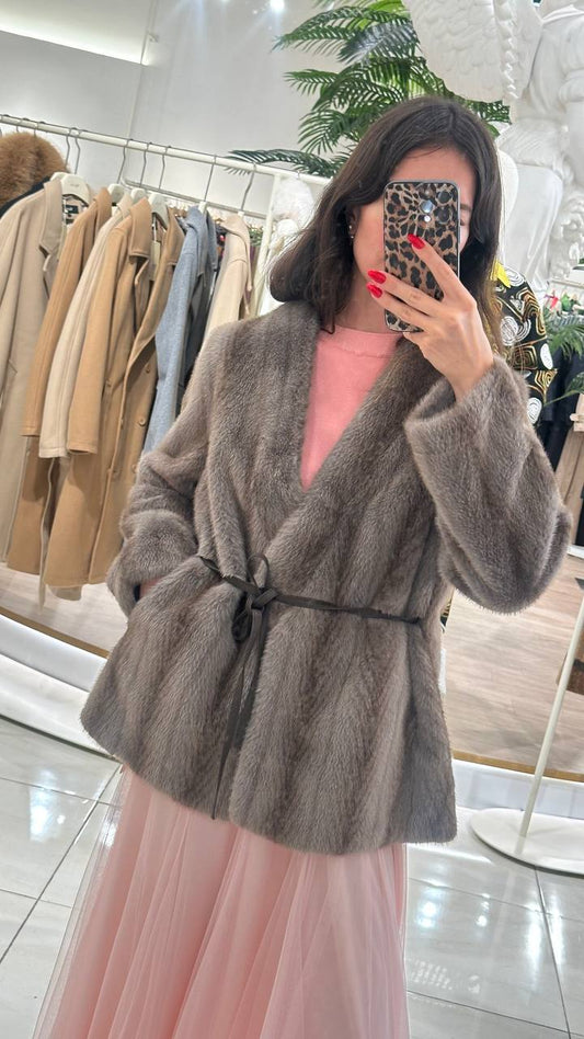 Elegant fur kimono-style wrap jacket