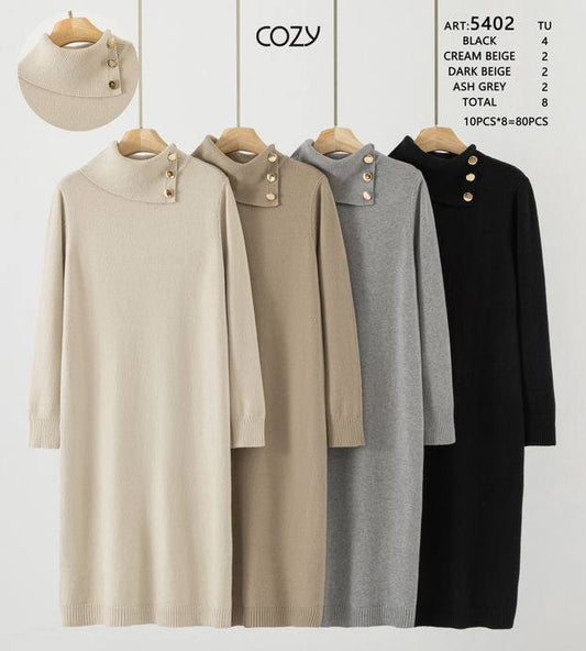 Knit dress of medium length.