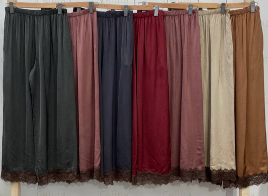 Viscose Silk Pants with Elastic Waistband and Lace Trim