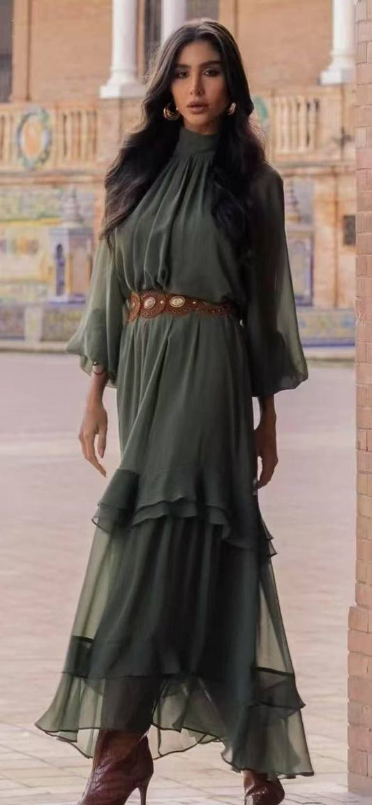 Flowing Viscose Dress with Ruffles