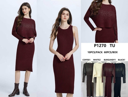Elegant Two-Piece Set: Knitted Dress + Sweater with Thermal Rhinestones