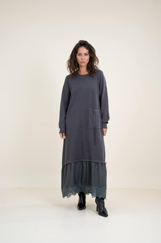 Loose-Fit Knitted Dress with Cuffed Sleeves and Lace Insert