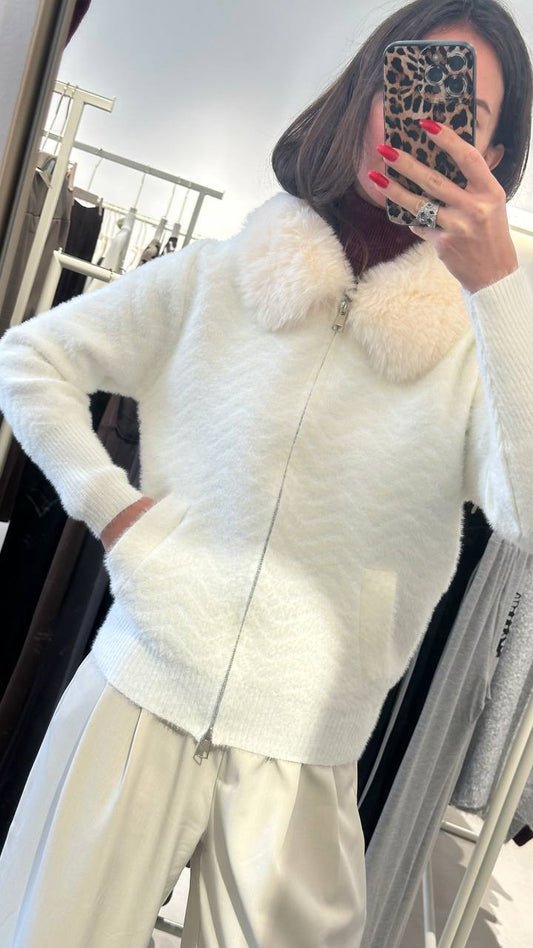 Dense Pile Knit with Pockets and Sewn Fur Collar