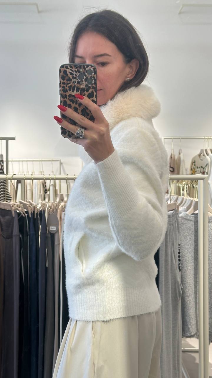 Dense Pile Knit with Pockets and Sewn Fur Collar