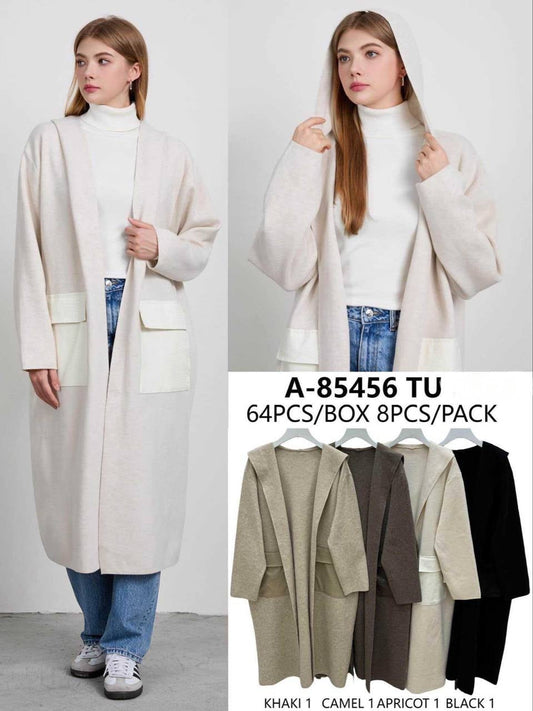 An elongated knitted cardigan