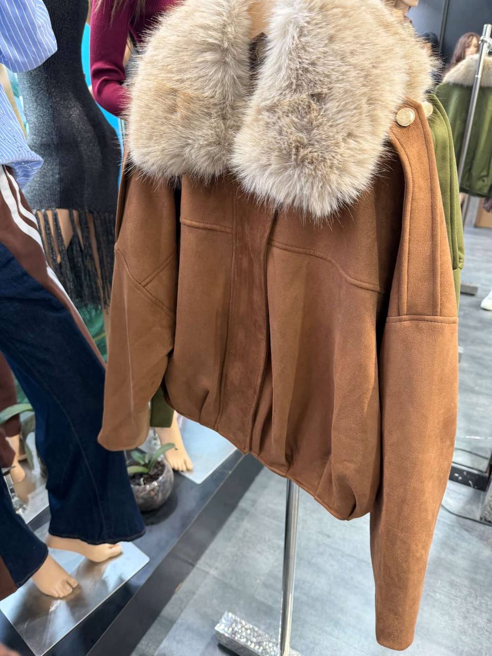 Eco-Suede Trendy Bomber with Fur Collar