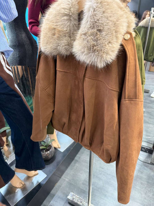 Eco-Suede Trendy Bomber with Fur Collar