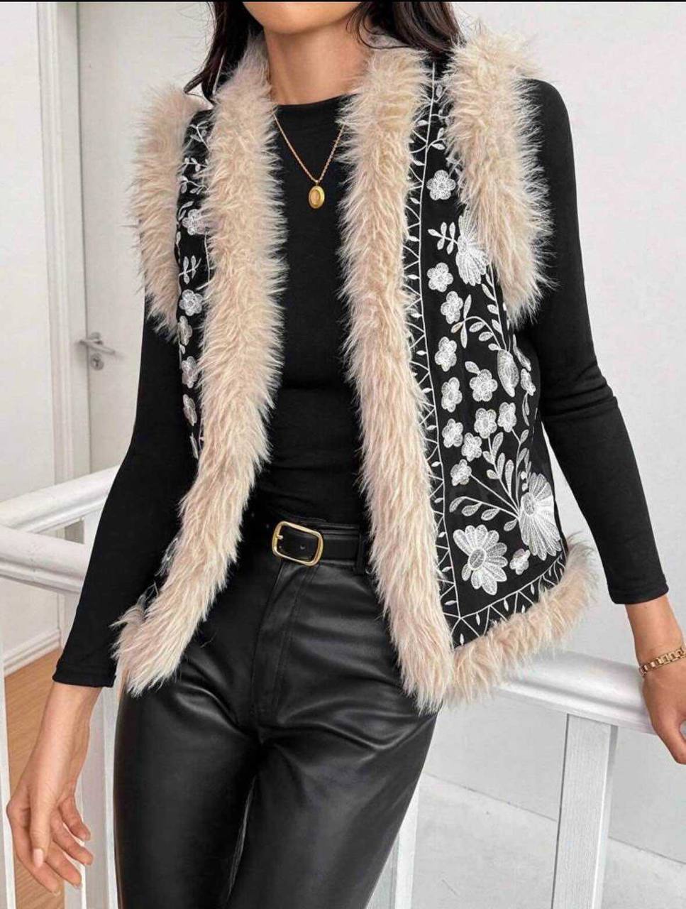 Vest with Embroidery and Eco-Fur