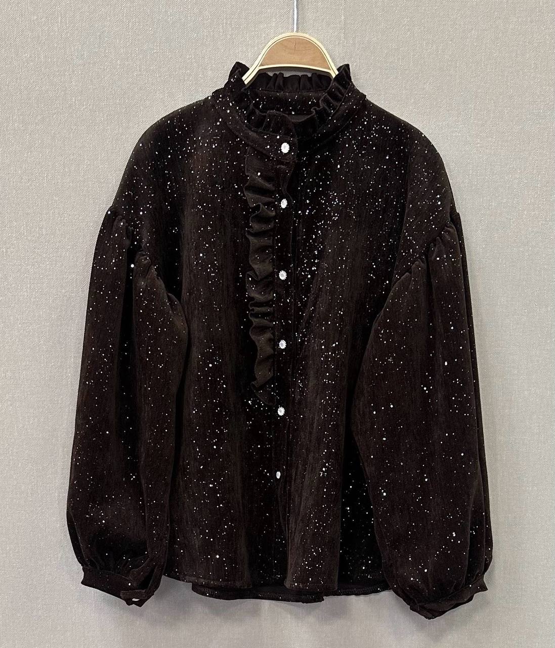 Voluminous Blouse with Small Frills and Laconic Sparkle