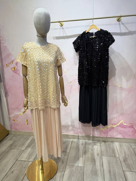 Sequined Dress with a T-Shirt Top and a Pleated Skirt