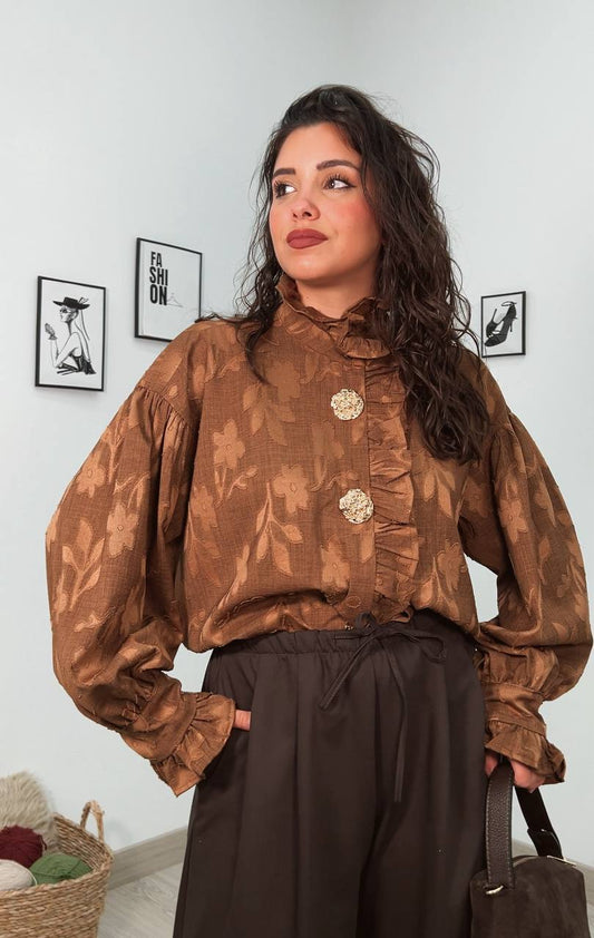 Voluminous Blouse with Small Frills and Accent Buttons