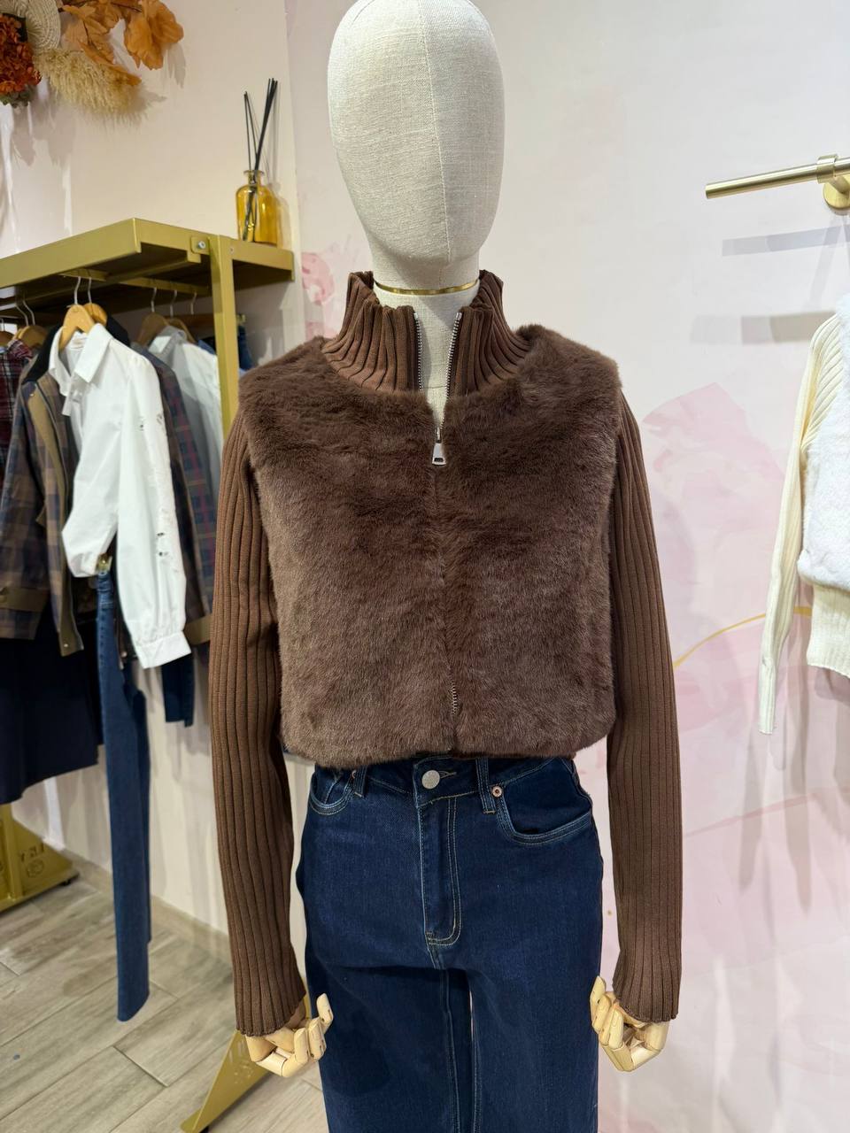 Eco-Fur Bomber Jacket with Knit Sleeves