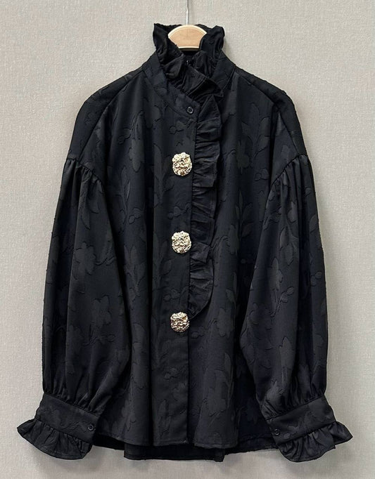 Voluminous Blouse with Small Frills and Accent Buttons