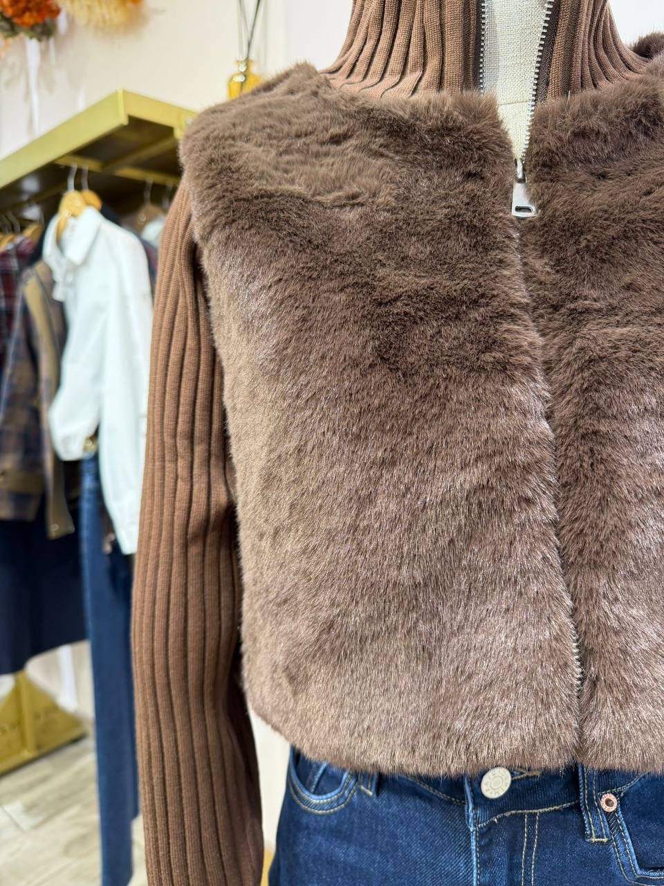 Eco-Fur Bomber Jacket with Knit Sleeves