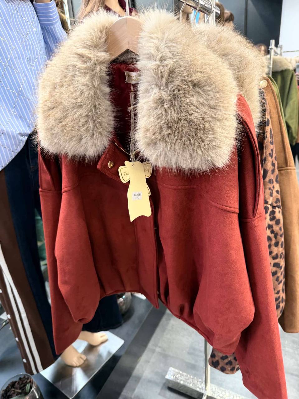 Eco-Suede Trendy Bomber with Fur Collar