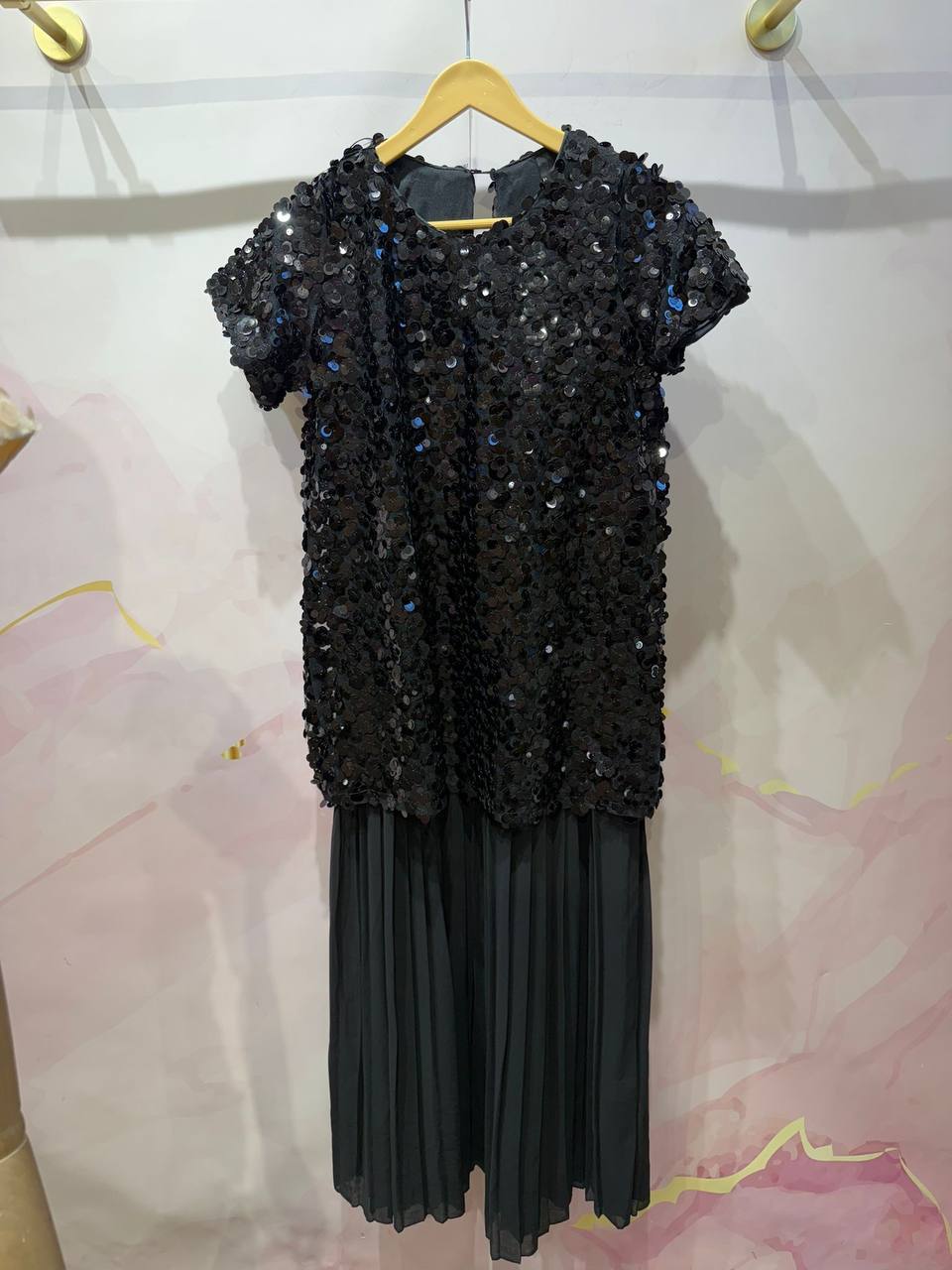 Sequined Dress with a T-Shirt Top and a Pleated Skirt