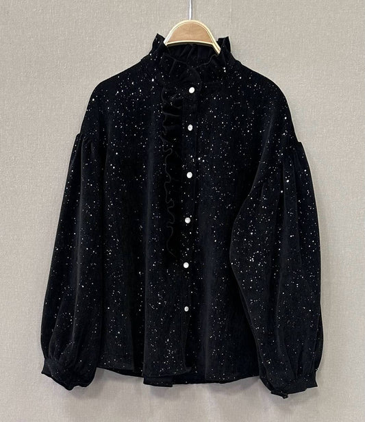 Voluminous Blouse with Small Frills and Laconic Sparkle
