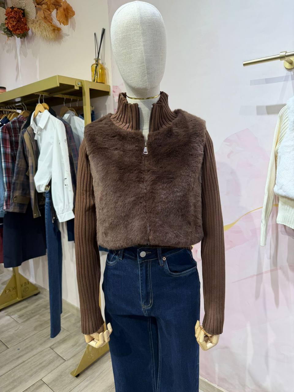 Eco-Fur Bomber Jacket with Knit Sleeves