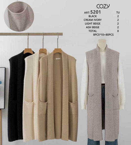 An elongated knitted vest